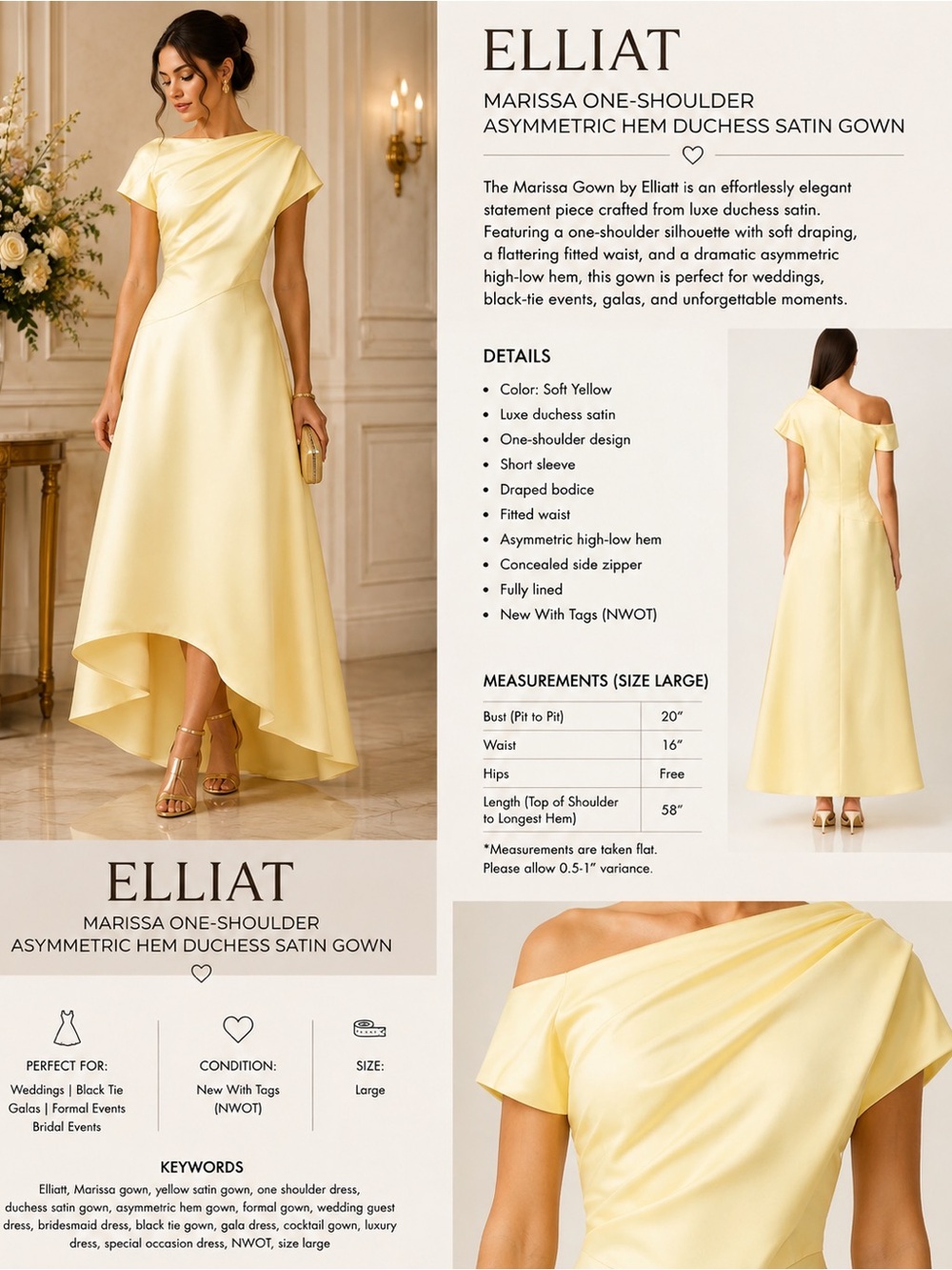 Elliatt Marissa Hem DuchessYellow One Shoulder Satin Gown High Low - Large DL1